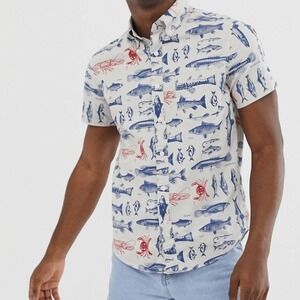J Crew Mercantile Flex Mens Short Sleeve Fish Print Button Up Shirt Size Small S